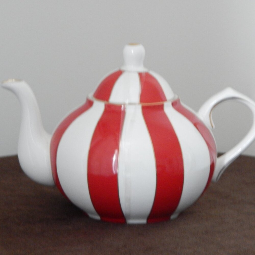 GRACE TEAWARE Fine Porcelain Teapot Holiday Carousel Red White Gold Stripes New